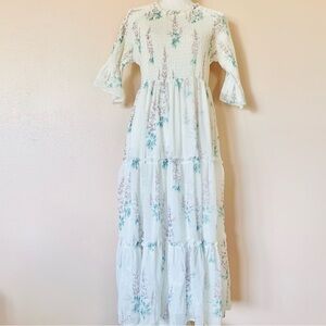 Jessakae White Lavender & Green Floral Smocked Tiered Dress.